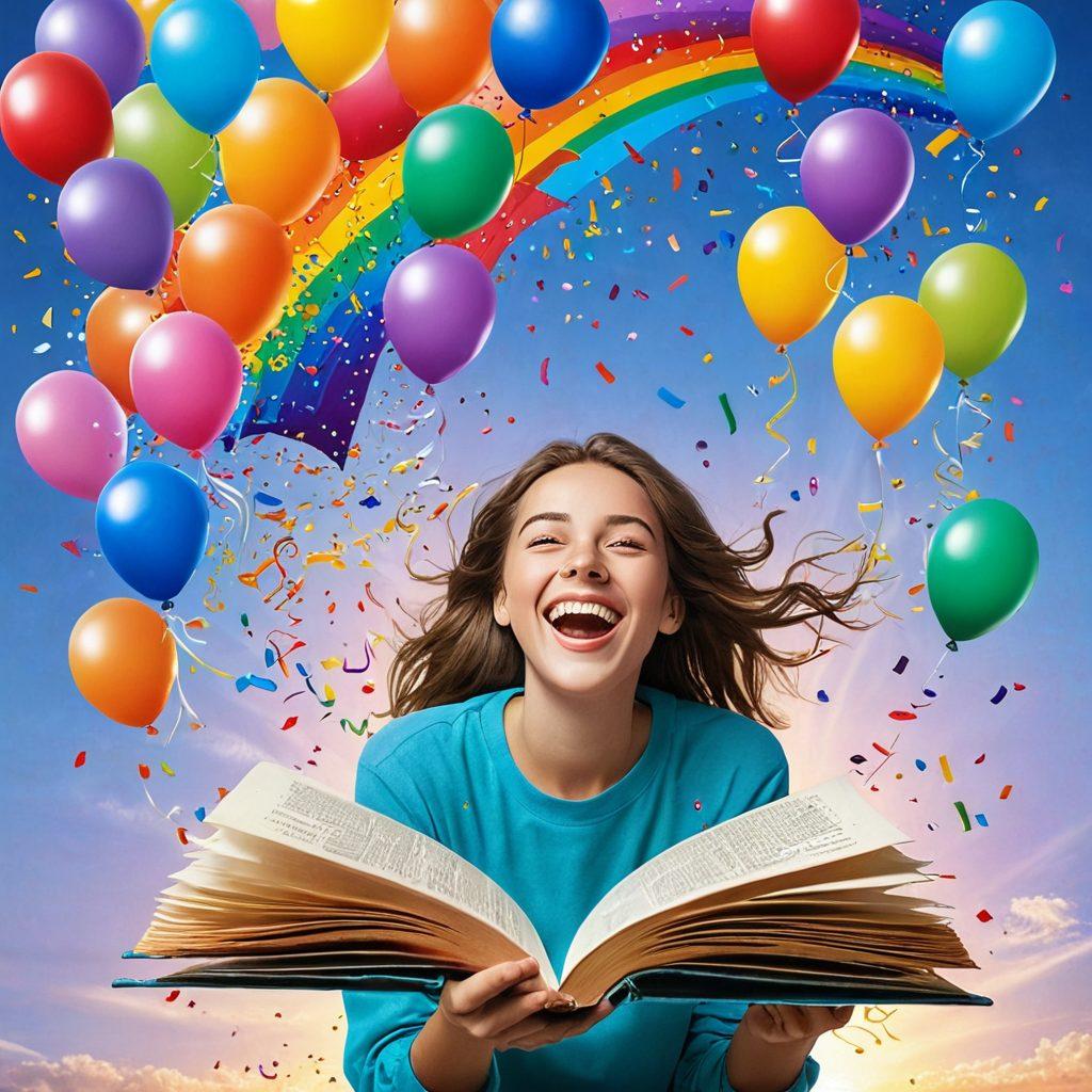 A colorful collage featuring various joyful expressions, such as laughter, smiles, and festive elements like balloons and confetti. Include book pages fluttering open with synonyms highlighted, radiating light and positivity. A whimsical background with a vibrant sky and rainbow to symbolize happiness and enlightenment. super-realistic. vibrant colors. cheerful atmosphere.