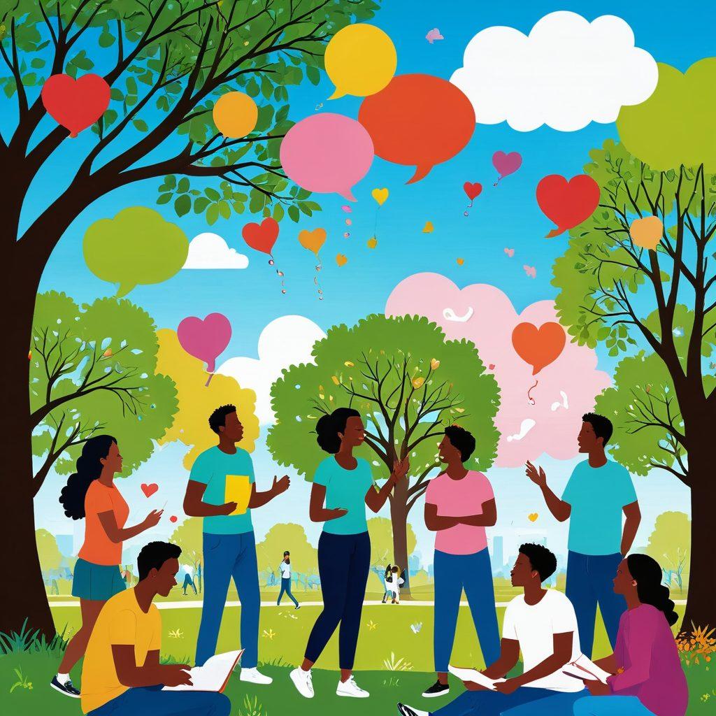 A vibrant illustration of diverse people joyfully communicating in a sunny park, surrounded by colorful speech bubbles filled with expressive words and icons symbolizing emotions. Include elements like musical notes, hearts, and lightbulbs to represent creativity and ideas. Use bright colors to convey happiness and energy. cartoon style. vibrant colors.